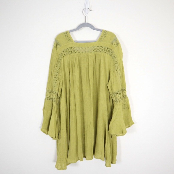 Free People XS Gauze Lace Lattice Neck Tunic Chartreuse Babydoll Bell Sleeve - Picture 9 of 11